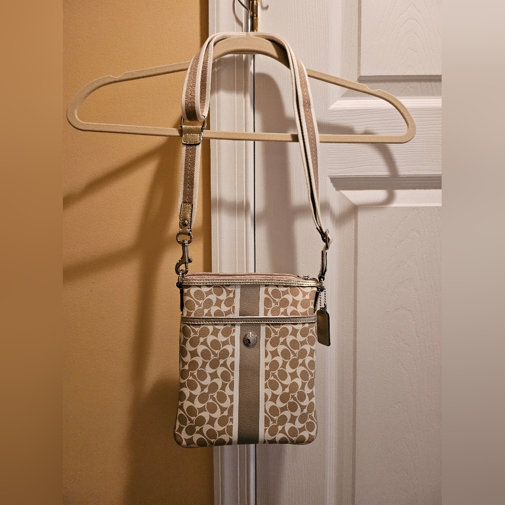 Coach Swingpack Khaki Chelsea Heritage Stripe Tan Gold Crossbody Bag